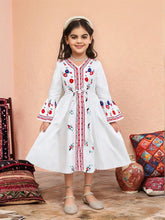 Young Girl Holiday Floral Retro Print V-Neck Flare Long Sleeve Dress